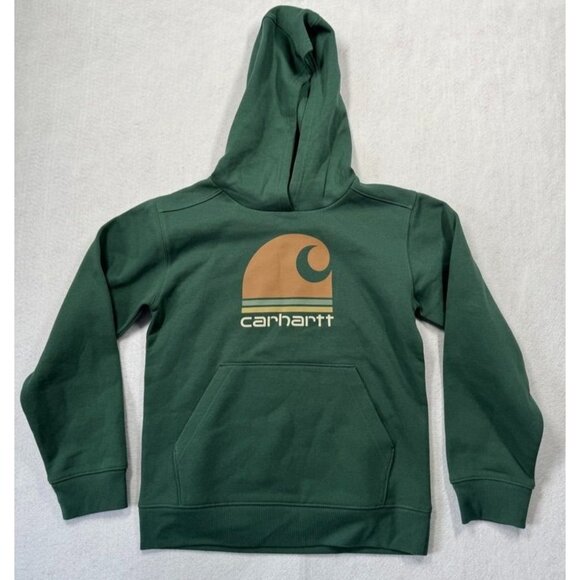 Carhartt Hoodie Sweatshirt Forest Green Hooded Top Logo Youth Boys Girls Medium - Picture 1 of 4